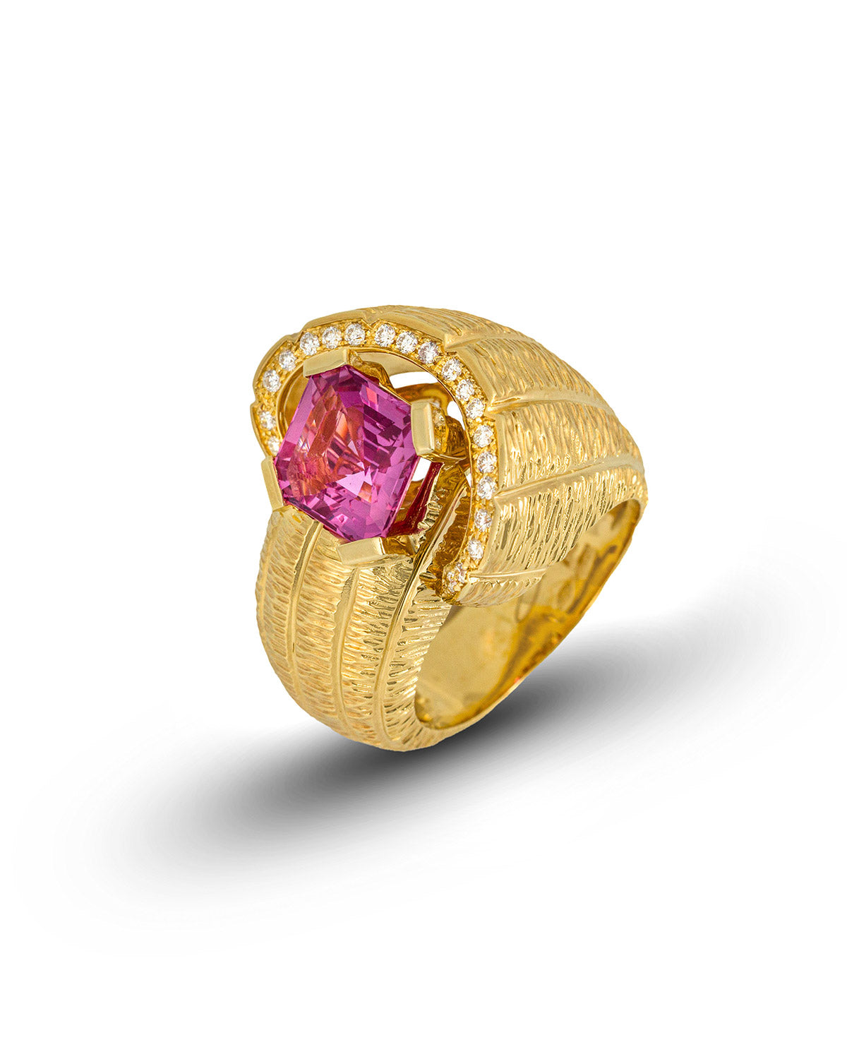 Snail Shell Ring with Unheated Emerald Pink Sapphire and Diamonds