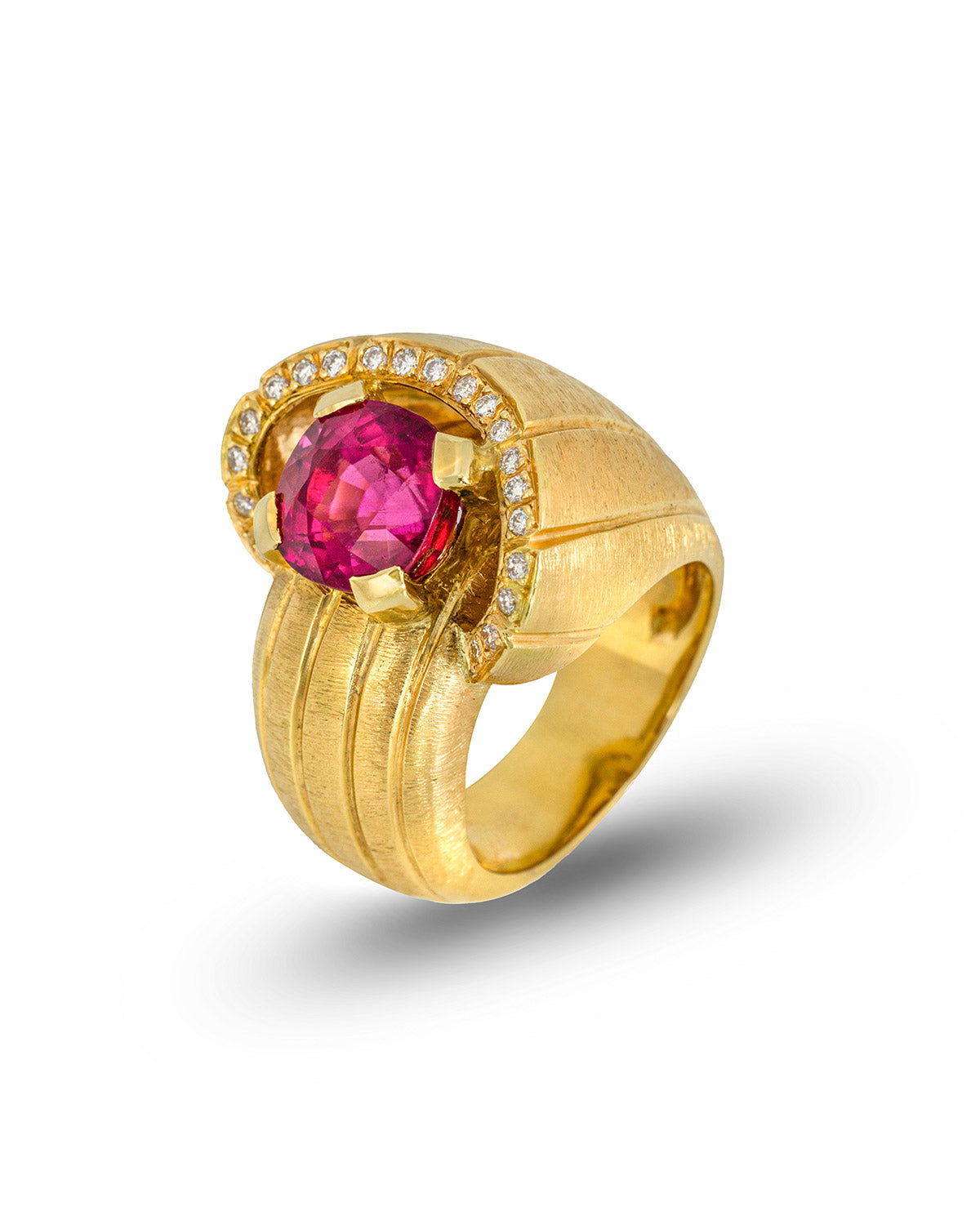 Snail Shell Ring with a central Rubellite and Diamonds