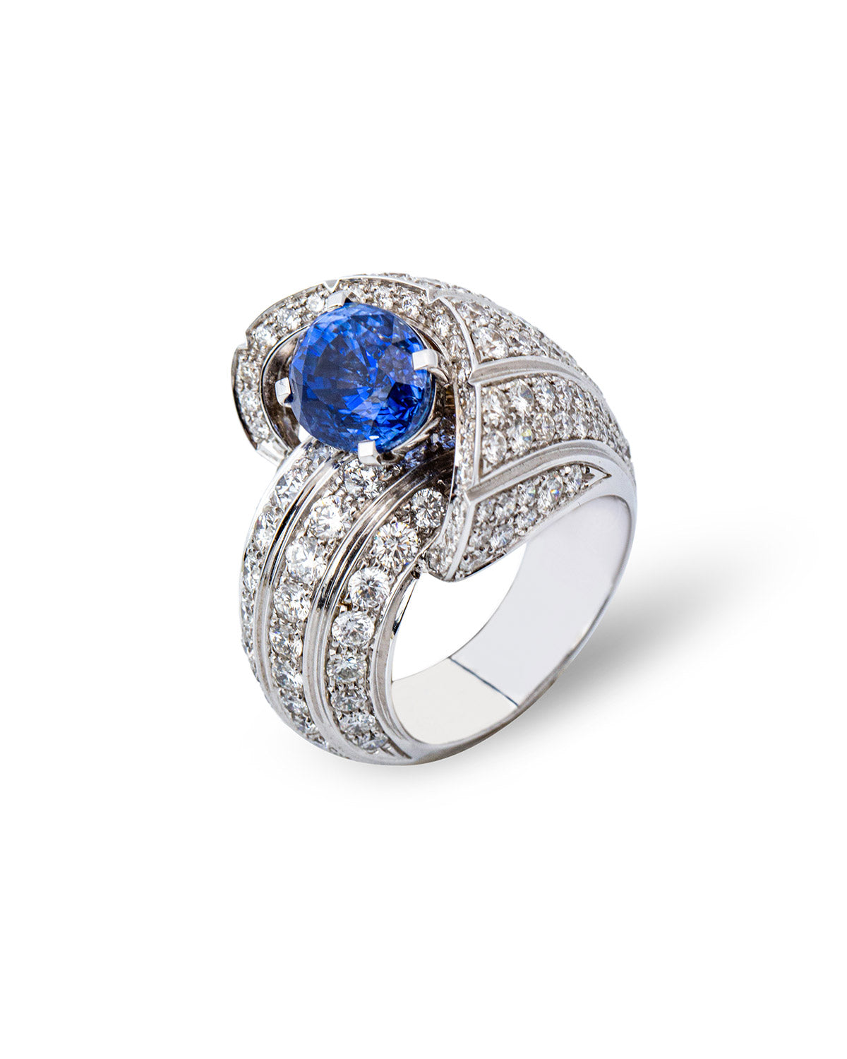 Snail Shell Pave Ring with Certified No-Heated Blue Sapphire