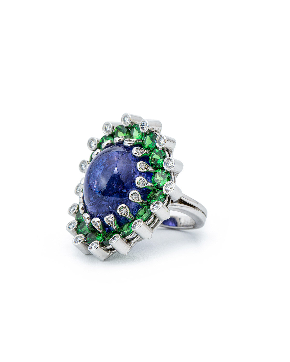 Ballerina Ring with a 46.46 carats Tanzanite, Tsavorites and Diamonds