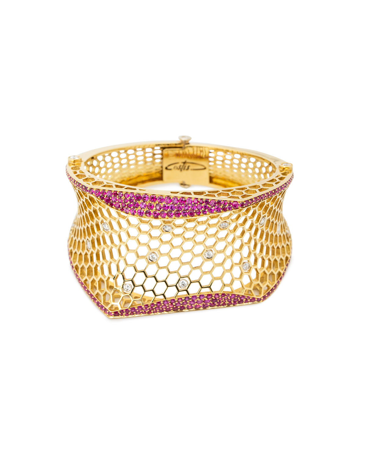 Precious Beehive Uneven Bracelet with Diamonds, Pavè with Burma Rubies