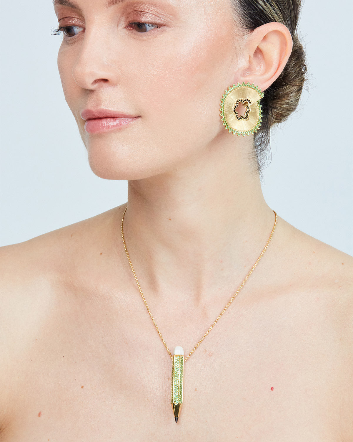 Pencil Earrings with Green Tsavorites and Black Spinels