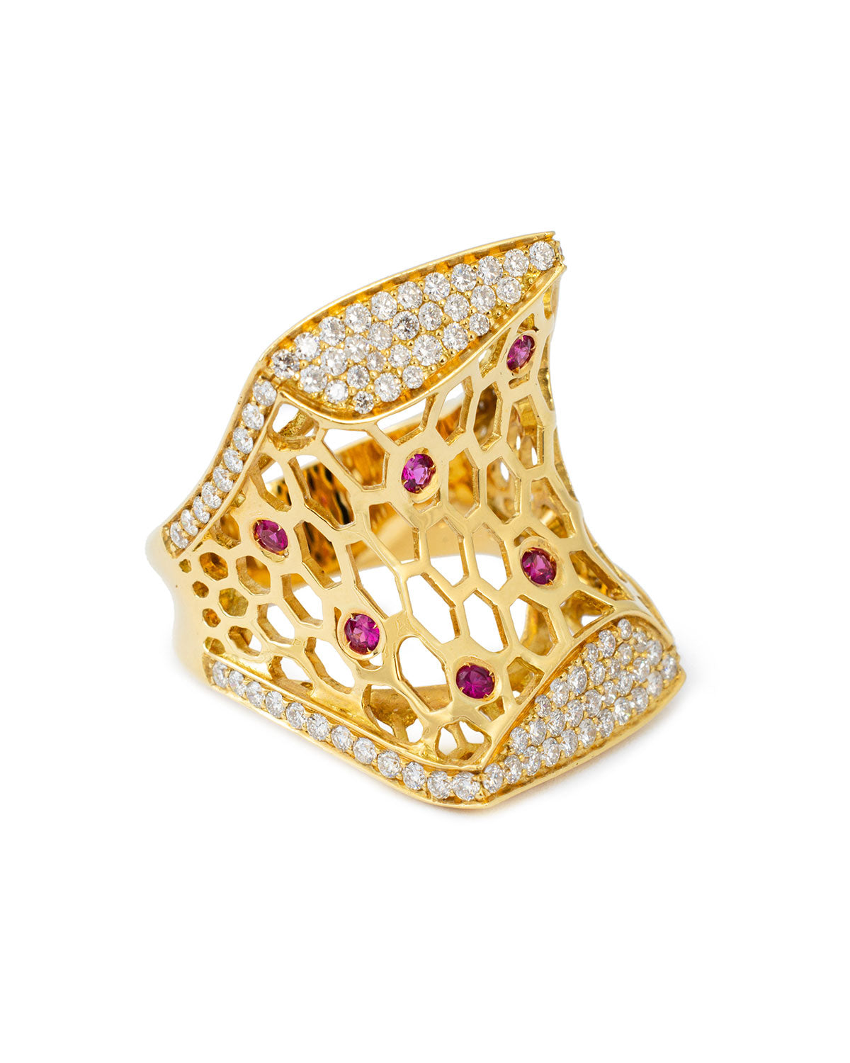 Precious Beehive Uneven Ring with Burma Rubies, Pavè with Diamonds