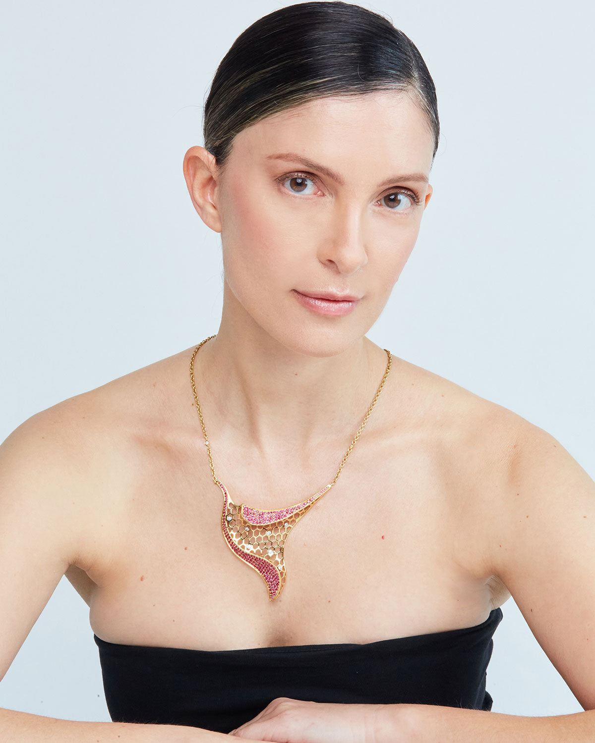 Precious Beehive Uneven Necklace with Diamonds, Pavè with Burma Rubies