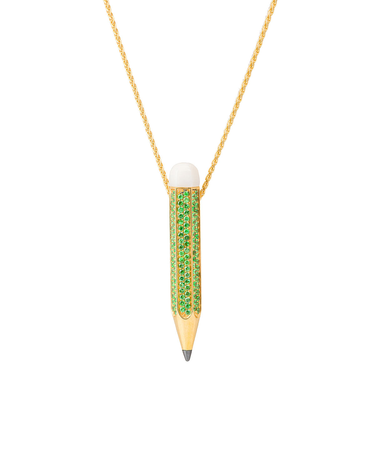 Pencil Pendant - Pavè with 1.93 cts Green Tsavorites, a Diamond Point, and Coral