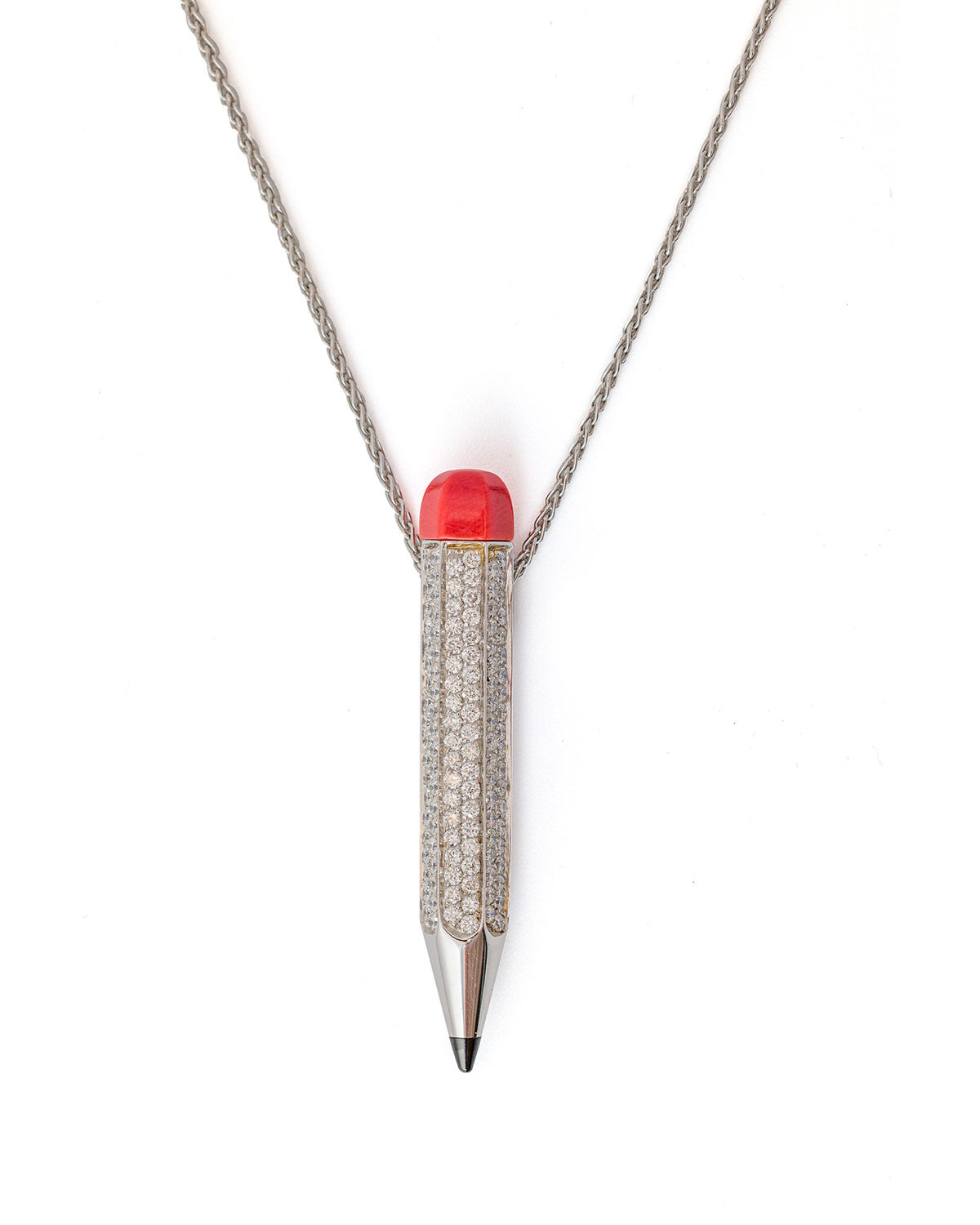 Pencil Pendant - Pavè 1.98 cts Diamonds, a Ruby Point, and Coral