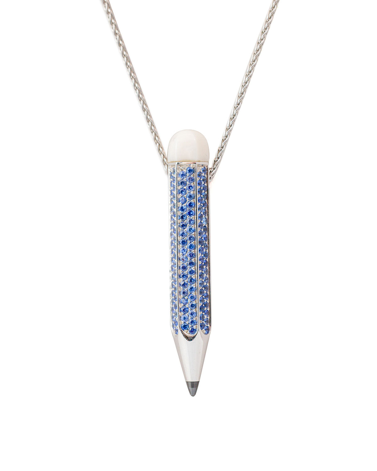 Pencil Pendant - Pavè with 2.36 carats of Blue Sapphires, with a Diamond Point, and White Coral