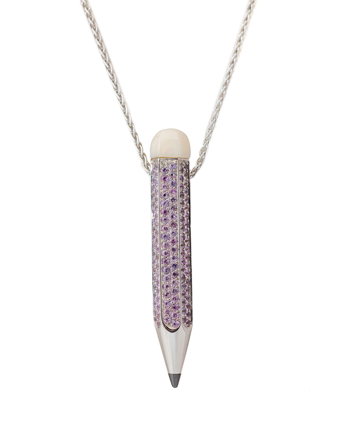 Pencil Pendant - Pavè 2.47 carats of Purple Sapphires, with a Diamond Point, and a White Coral