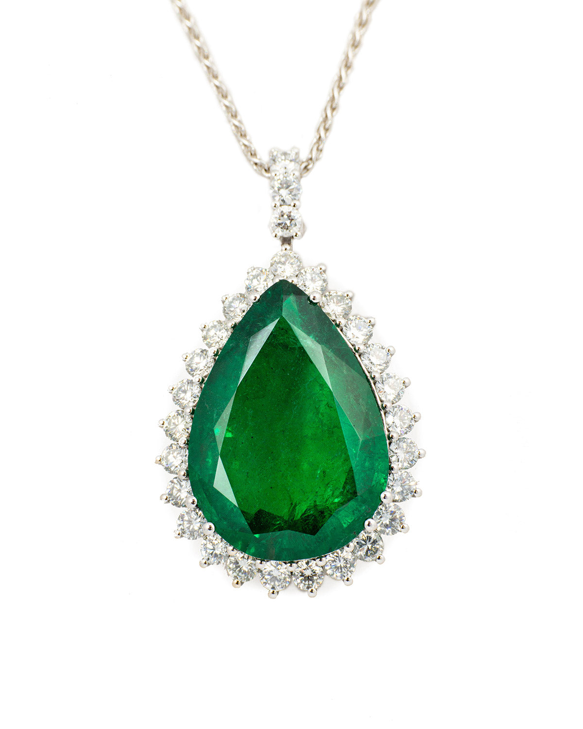 Special Necklace with a Rare Zambia GRS Certified 27.56 carats - Pear Cut Emerald and Diamonds