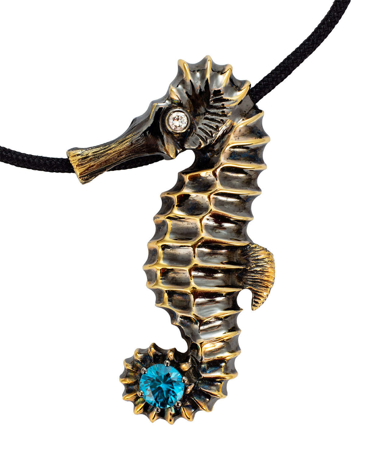 Seahorse Necklace with an 1.77 carats Natural Blue Zircon and Diamond